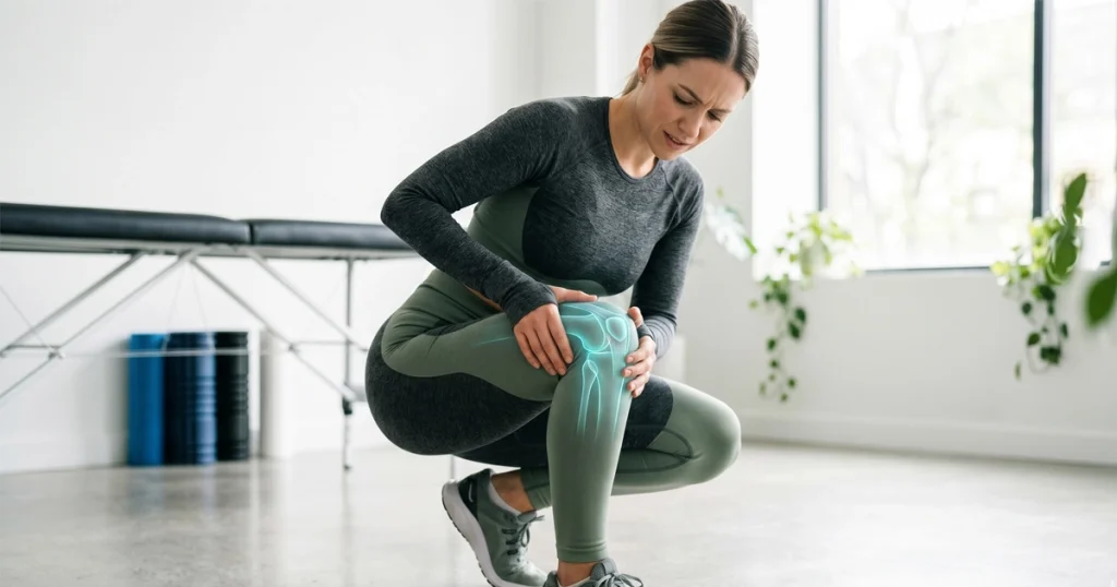 Egy modern orvosi blog kiemelt képe, amelyen egy fitt felnőtt látható guggoló pozícióban egy tiszta, világos klinikai környezetben. A személy prémium sportruházatot visel, és kezét a térdére téve enyhe fájdalmat fejez ki. A térdízületet és a környező anatómiát egy ragyogó kék (cyan) grafikai átfedés emeli ki. A háttér elmosódott.