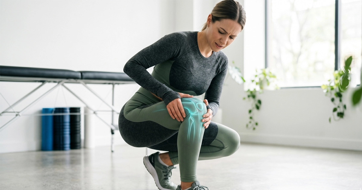 Egy modern orvosi blog kiemelt képe, amelyen egy fitt felnőtt látható guggoló pozícióban egy tiszta, világos klinikai környezetben. A személy prémium sportruházatot visel, és kezét a térdére téve enyhe fájdalmat fejez ki. A térdízületet és a környező anatómiát egy ragyogó kék (cyan) grafikai átfedés emeli ki. A háttér elmosódott.
