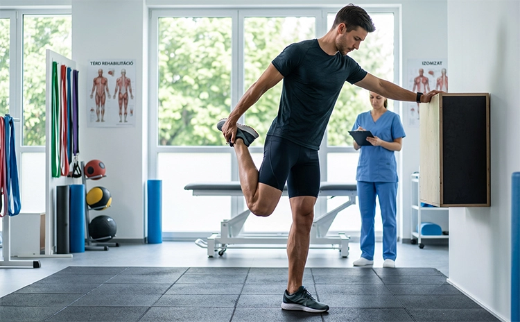 Fiatal férfi egylábon állva quad izomnyújtást végez fizikoterápiás rendelőben, háttérben egészségügyi dolgozó figyeli a rehabilitációs gyakorlatot