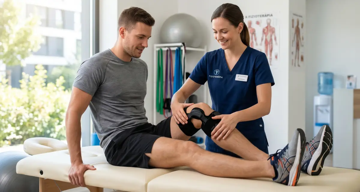 keresztszalag-szakadas-mutet-rehabilitacio-kiemelt Gyógytornász segíti a pácienst az elülső keresztszalag szakadás utáni rehabilitáció során egy modern rendelőben.