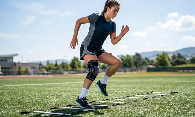 Sportoló agility gyakorlatokat végez a keresztszalag műtét utáni felépülés végső szakaszában.