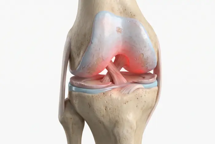 A térdízületi porckopás (arthrosis) és gyulladás orvosi 3D illusztrációja.