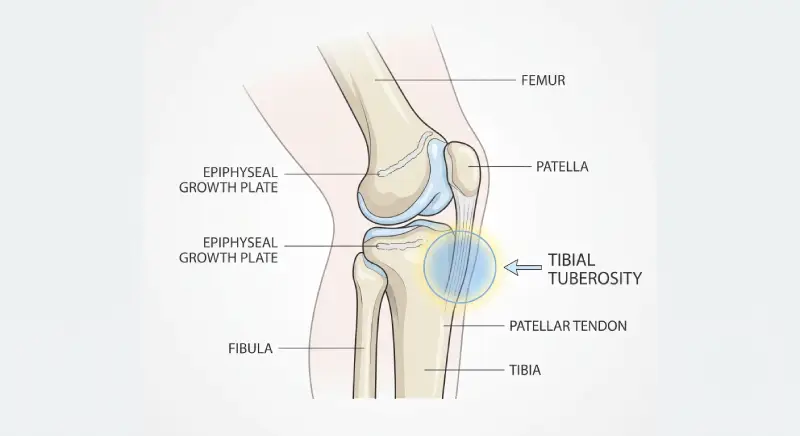Szemléltető orvosi ábra a térdízületről és az Osgood-Schlatter betegség érintett területéről.