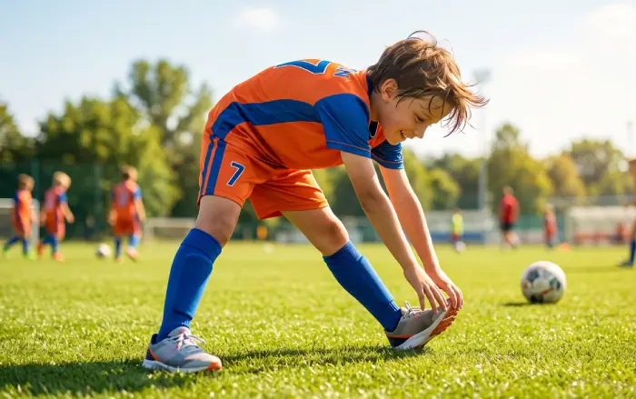 Gyermek nyújtja a lábizmait sportolás előtt a térdsérülések megelőzése érdekében.
